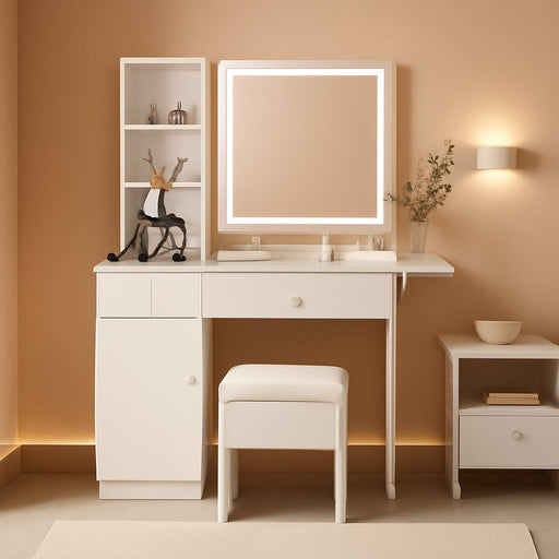 White Vanity Desk With Multifunctional Illuminated Mirror
