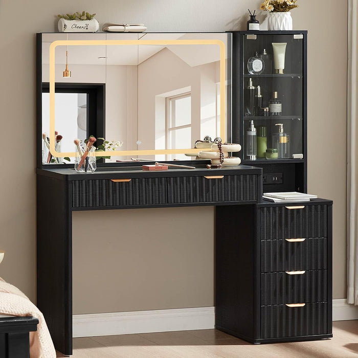 Fluted Makeup Vanity Desk with Mirror and Lights, 43.5'' Blue Vanity Table with Glass Top and Power Outlet, Make up Vanity with 6 Drawers and Adjustable Shelves for Bedroom
