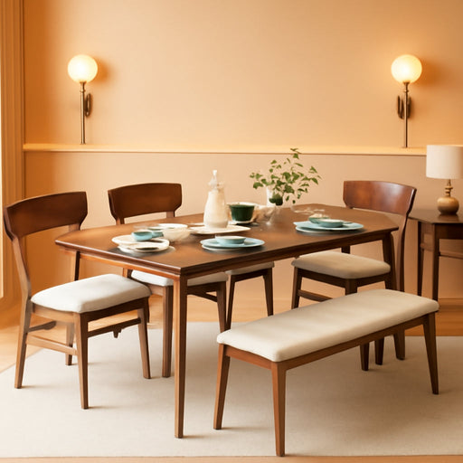 6-Piece Wooden Dining Set, Mid-Century Modern Table & Upholstered Chair Set W/Bench Seat, Rubberwood Legs - Walnut/Cream