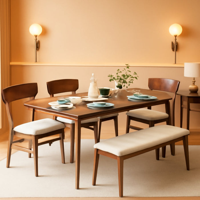 6-Piece Wooden Dining Set, Mid-Century Modern Table & Upholstered Chair Set W/Bench Seat, Rubberwood Legs - Walnut/Cream