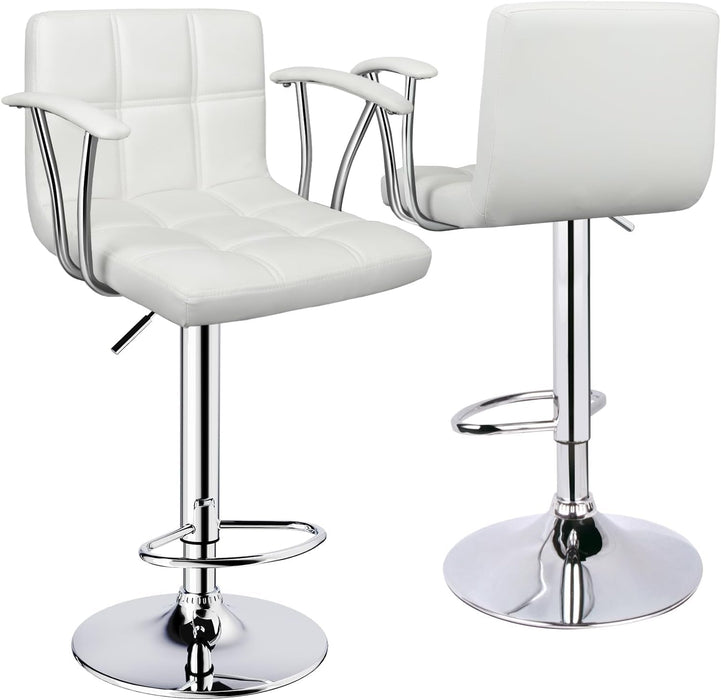 Bar Stools Set of 2,Armrest Adjustable Swivel Barstools with Back,Double Needle PU Leather Counter Height Bar Stools for Kitchen Island, White
