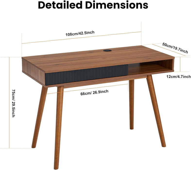 Walnut Wood Desk with Drawer, 42.5" Mid Century Modern Writing Desk