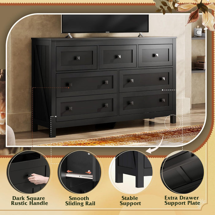 Farmhouse Dresser for Bedroom, 51.18'' Wide 7 Drawer Wood Dresser, Black TV Stand for 65 Inch TV, Wooden Chest of Drawers for Bedroom, Modern Clothes Organizer for Living Room, Hallway