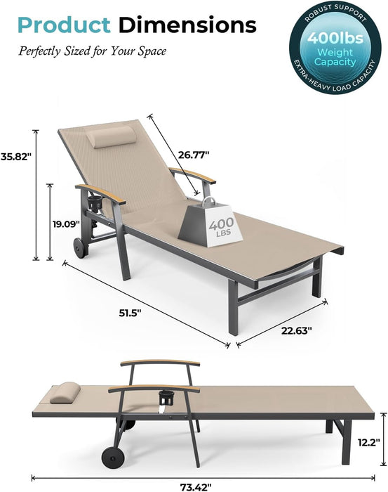 Outdoor Lounge Chair with Pillow, 5-Position Aluminum Chaise Lounge with Wheels & Armrests, 400 Lbs Heavy Duty Patio Pool Chair for Deck, Backyard, Beach & Poolside, Khaki