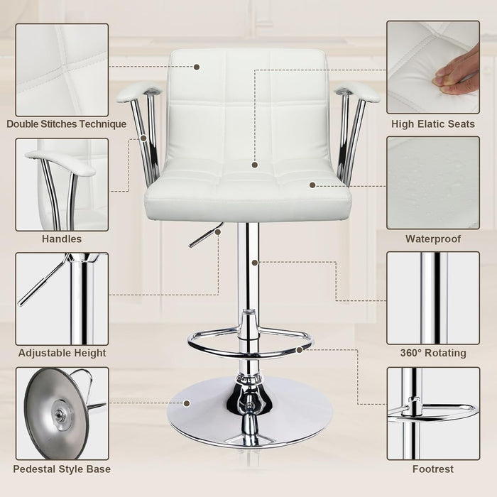 Bar Stools Set of 2,Armrest Adjustable Swivel Barstools with Back,Double Needle PU Leather Counter Height Bar Stools for Kitchen Island, White