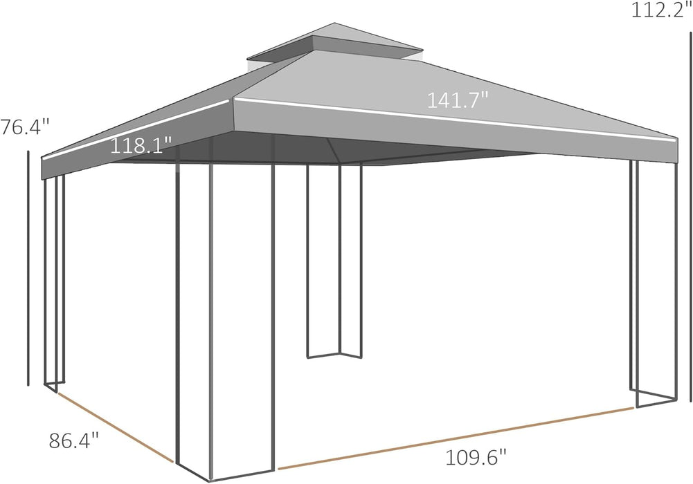 10' X 12' Patio Gazebo with Corner Frame Shelves, Double Roof Outdoor Gazebo Canopy Shelter with Netting for Patio, Wedding, Catering & Events, Brown