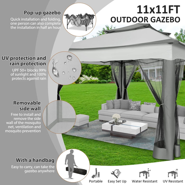 11 X 11 Ft Outdoor Patio Gazebo with Ventilated Double Roof and Mosquito Net, Pop up Steel Canopy for Patios, Backyard, Garden and Beach