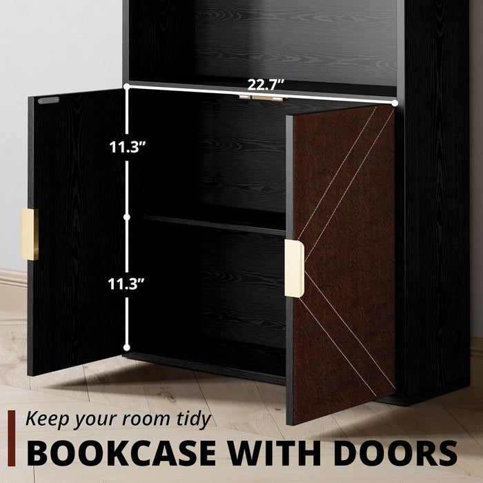 Book Shelf and Bookcase with Leather Doors, 70" Tall Bookshelf, 6 Tier Display Case Floor Standing for Home Office, Living Room, Black