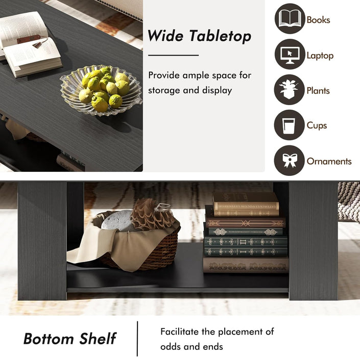 2-Tier Coffee Table, Modern Rectangular Center Cocktail Table with 5 Support Legs, Wooden Accent Living Room Furniture, Small Coffee Table for Small Spaces, Easy Assembly (Black)