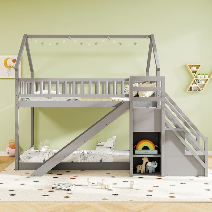 House Bunk Bed Twin over Twin with Slide & Stairs, Wood Bunk Bed with Storage Shelves, No Box Spring Needed, Twin Floor Bed for Kids Teens Boys Girls (Grey)
