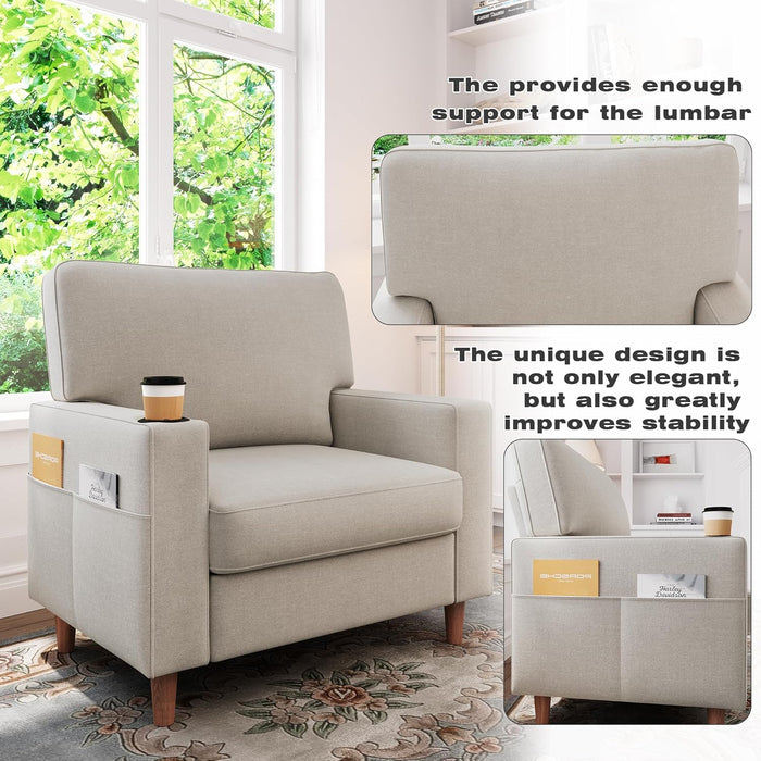 Oversized Mid Century Armchair Cupholder Beige Upholstered