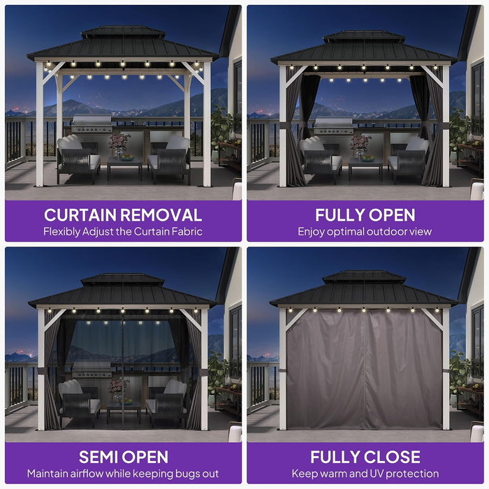 8' X 10' Outdoor Gazebo Galvanized Steel Double Roof White Aluminum Frame Hardtop Heavy Duty Gazebo with Curtain and Netting for Patio Garden and Backyard, Grey