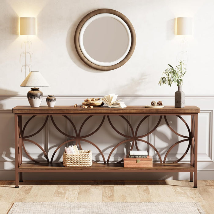 70.9-Inch Narrow Sofa Table, Industrial Long Sofa Table behind Couch, Entry Console Table with Storage for Entryway, Living Room, Foyer, Unique Design, Brown Glossy