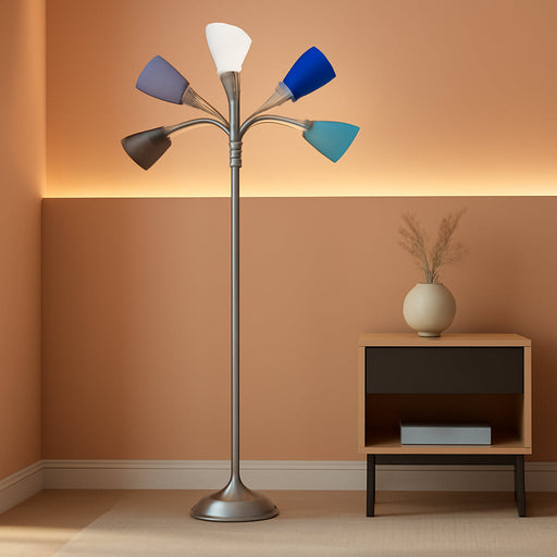 LF2006-SBG 67" Contemporary Multi Head Medusa 5 Light Adjustable Gooseneck Silver Floor Lamp with Blue, White, Gray Shades for Kids Bedroom Playroom Living Room Office