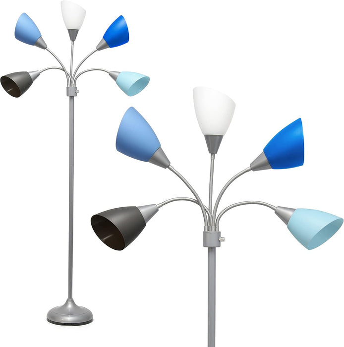 LF2006-SBG 67" Contemporary Multi Head Medusa 5 Light Adjustable Gooseneck Silver Floor Lamp with Blue, White, Gray Shades for Kids Bedroom Playroom Living Room Office