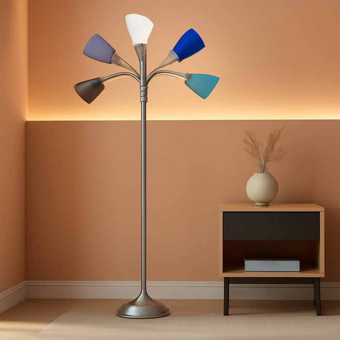 LF2006-SBG 67" Contemporary Multi Head Medusa 5 Light Adjustable Gooseneck Silver Floor Lamp with Blue, White, Gray Shades for Kids Bedroom Playroom Living Room Office