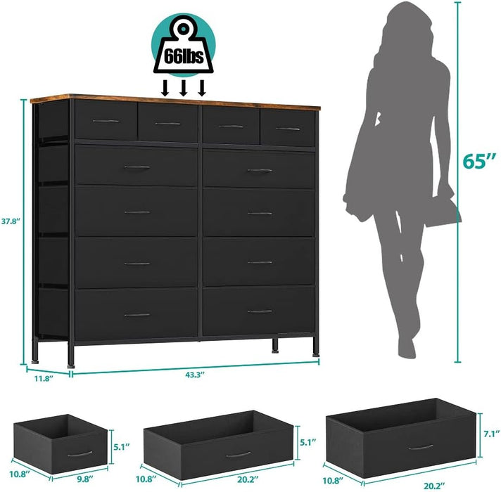 Large Dresser for Bedroom with 12 Deep Drawers, Tall Fabric Drawer Dresser, Chest of Drawers for Closet, Nursery, Living Room, Laundry, Entryway, Hallway (Black)