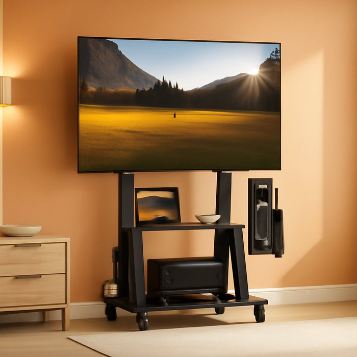Mobile TV Cart with Power Outlet, Rolling TV Stand on Wheels for 32-75 Inch Television, Mobile TV Stand Height Adjustable,15° Adjustable Viewing Angle,Max 130LBS, Vesa Max 600×400
