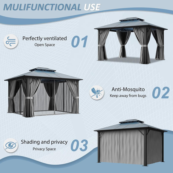 10'X12' Hardtop Gazebo, Aluminum Framed Outdoor Gazebo with Double Polycarbonate Roof, Durable Pavilion with Curtains & Netting for Patio, Garden, and Lawn