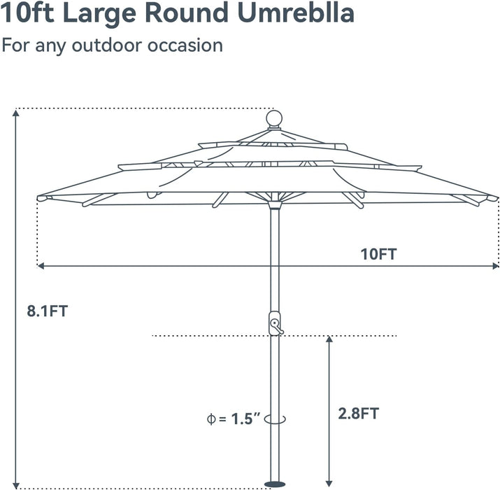 10Ft Outdoor Patio Umbrella, [Auto-Tilting] 3 Tiers Market Table Umbrellas with 1.5" Pole, 8 Sturdy Ribs, 3-Year-Non-Fading for Garden Deck Pool Backyard, Navy Blue