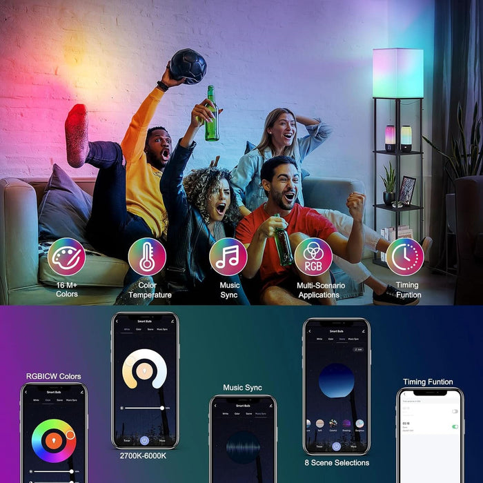 Floor Lamp with Shelves, Smart APP Control Standing Lamps with RGB Bulb, 4-Tier Dimmable Floor Lamps for Living Room, Tall Lamp for Bedroom, Office, Corner Display Bookshelf Lamp