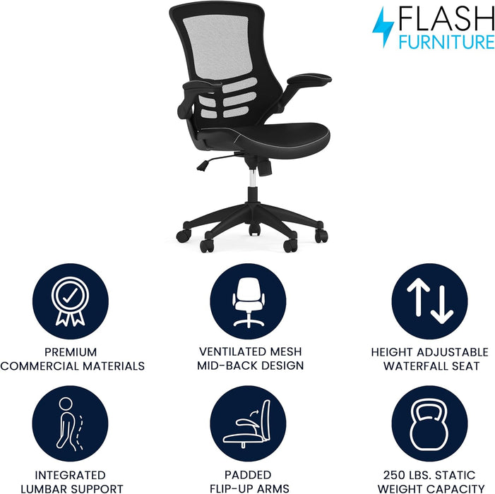 Kelista Mid-Back Swivel Office Chair with Adjustable Seat Height, Ergonomic Mesh Desk Chair with Leathersoft Seat, Black