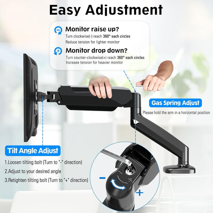 Single Monitor Desk Mount, Adjustable Gas Spring Monitor Arm Support Max 32 Inch, 4.4-17.6Lbs Screen, Computer Monitor Stand Holder with Clamp/Grommet Mounting Base, VESA Mount Bracket, Black