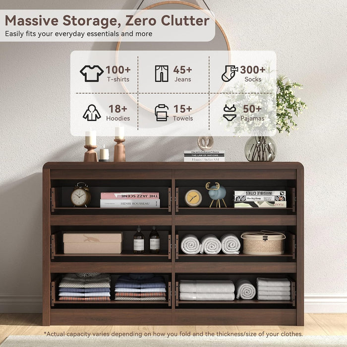 Fluted 6 Drawer Dresser for Bedroom, 50” Wide Dresser & Chest of Drawers with Curved Profile Design, Wood Mid Century Dressers for Bedroom, Living Room, Walnut