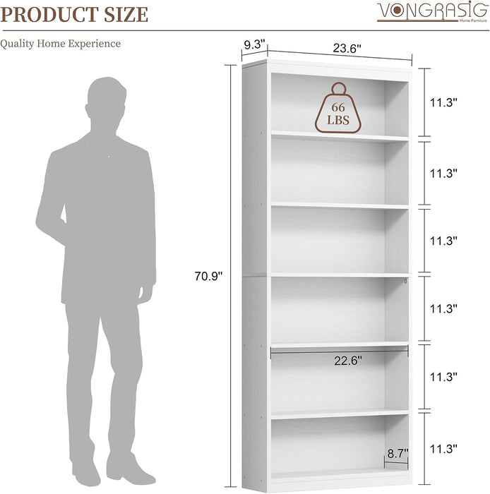 6-Tier Open Bookshelf, Modern Wood Bookcase, White | 71" Tall Floor Standing Bookcase, Wood Display Storage Shelf for Home Office Living Room