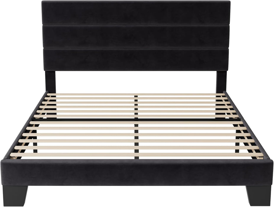 Queen Size Platform Bed Frame with Velvet Upholstered Headboard and Wooden Slats Support, Fully Upholstered Mattress Foundation/No Box Spring Needed/Easy Assembly, Black