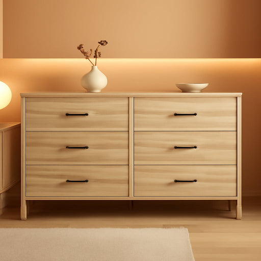 Battelle Mid-Century Modern 6 Drawer Dresser with Chevron Pattern and Safety Stop for Bedroom, Light Brown