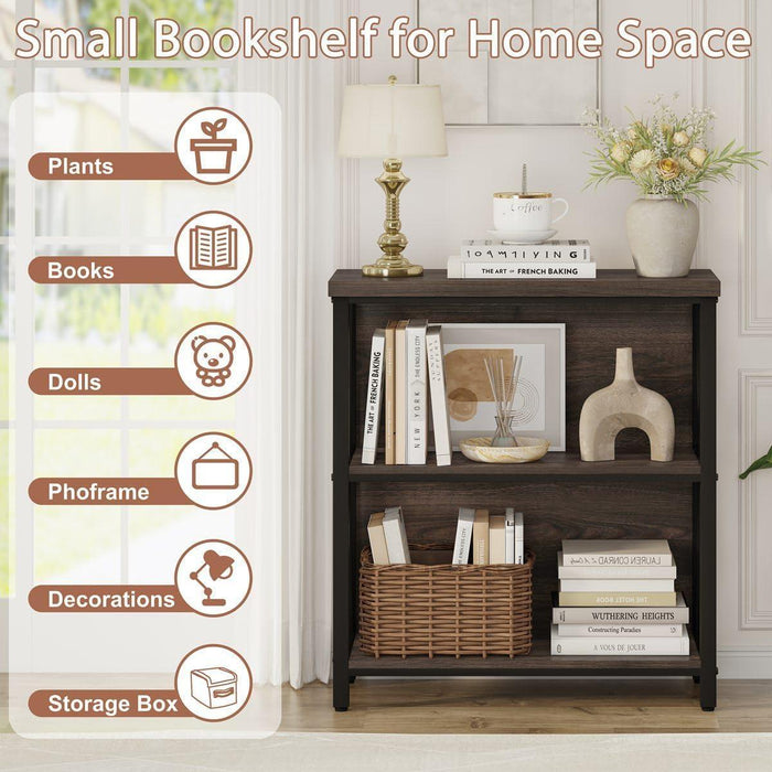 Small Bookshelf, 3 Shelf Bookcase for Living Room, Low Short Bookshelf, Industrial Wood Book Shelf and Rustic Book Case for Small Space, Home Office (Dark Walnut)