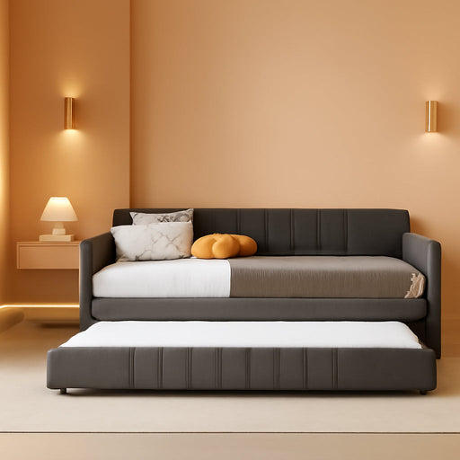 Twin Daybed with Trundle Bed Twin, Linen Upholstered Day Bed with Arm and Backrest, No Box Spring Needed Daybed, Twin Size Day Bed Gray
