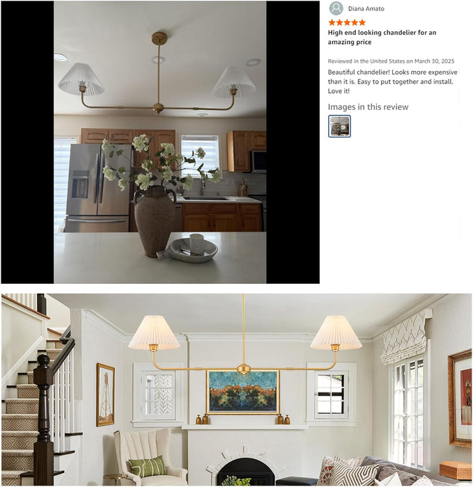 Gold Linear Chandelier, 2-Light Modern Chandelier for Dining Room Light Fixture, Dining Light Fixtures with White Fabric Shade Pendant Lights Kitchen Island for Restaurant, Living Room, Bedroom