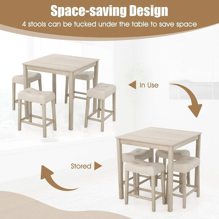 5-Piece Bar Table Set, Square Breakfast Set for 4 W/Padded Stools, Small Kitchen Table Set W/Rubber Wood Legs, Space-Saving Dining Table Set for Living Room, Kitchen, Small Space
