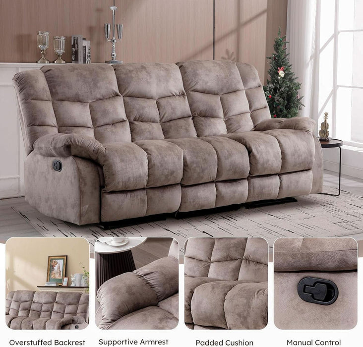 Reclining Couch for Living Room, Extra Wide Modern Overstuffed 3 Seat Recliner Manual Sofa Breathable Fabric and Padded Cushion, Light Brown