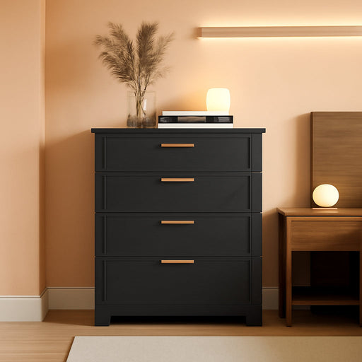 Modern 4 Drawer Dresser for Bedroom, Tall Bedroom Dresser with Large Drawer & Rose Gold Handles, Wooden Storage Organizer Cabinet Chest of Drawer for Closet, Living Room, Hallway, Black