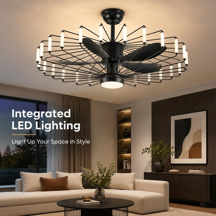 43-Inch Cage Ceiling Fan with Lights, Black Chandelier Style