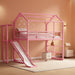 House Loft Bed Full Size, Full Size Loft Bed with Storage Stairs and Open Wardrobe, Heavy Duty Loft Beds with Slide for Girls, Boys, Noise-Free Design Pink