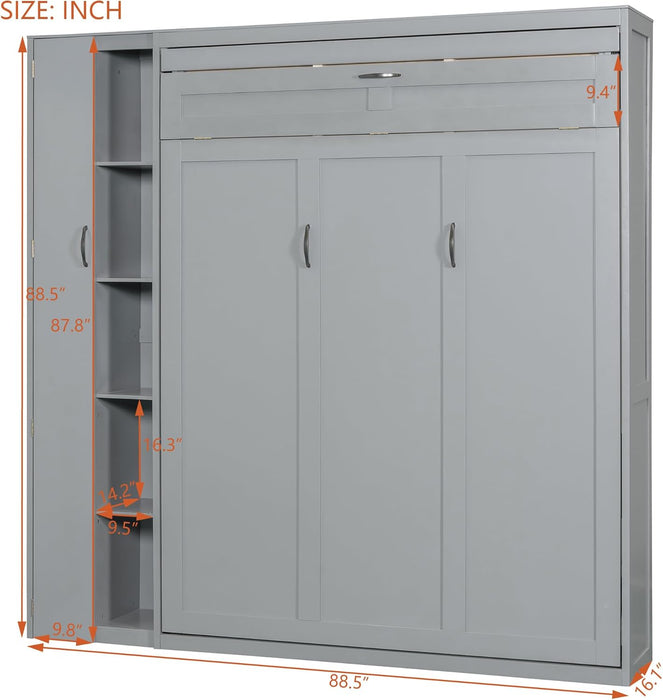 Queen Size Murphy Bed Wall Bed with Shelves, Drawers and LED Lights,Gray