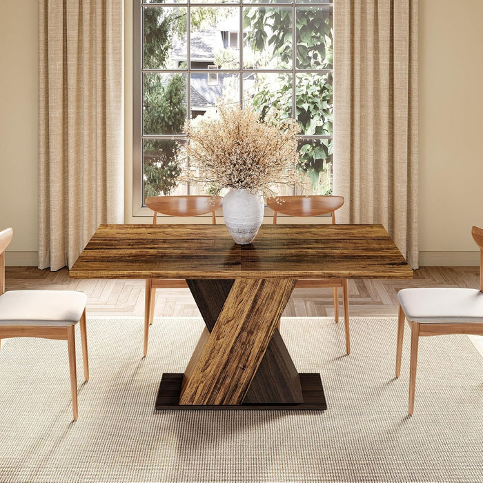 55-Inch Dining Table for 6, Wooden Rectangle Kitchen Table, Large Dining Room Tables, Industrial Dinner Table with Heavy Duty Pedestal, Rustic Brown