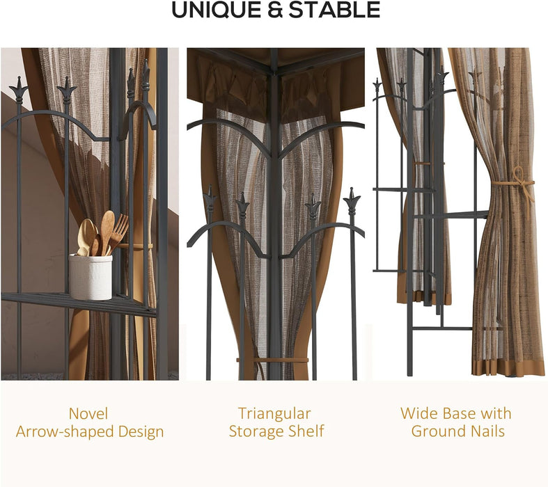 10' X 12' Patio Gazebo with Corner Frame Shelves, Double Roof Outdoor Gazebo Canopy Shelter with Netting for Patio, Wedding, Catering & Events, Brown