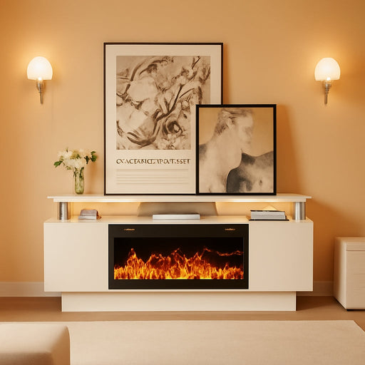 Fireplace TV Stand with 36" Fireplace, 2 Tier 70" LED Entertainment Center with Fireplace for Tvs up to 80", Modern Wood TV Media with Storage Cabinets for Living Room, White