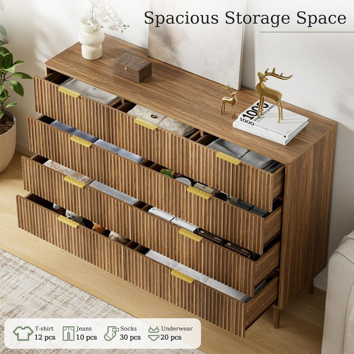 Fluted 9 Drawer Dresser for Bedroom, 55" Wide Modern Chest of Drawers with Curved Profile Design and Metal Handles, Wood Dresser TV Stand & Storage Organizer for Bedroom, Hallway, Walnut