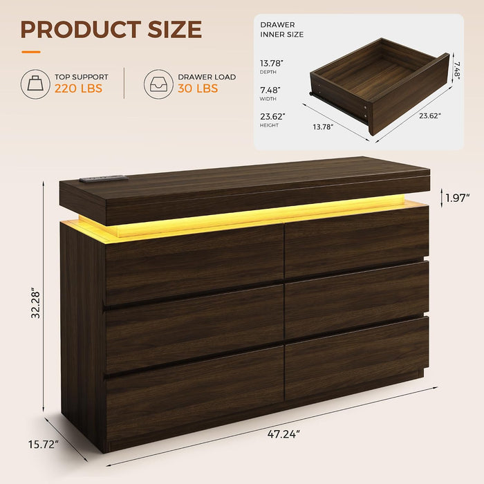 6 Drawer Dresser with LED Lights and Charging Station, Modern Brown Dresser