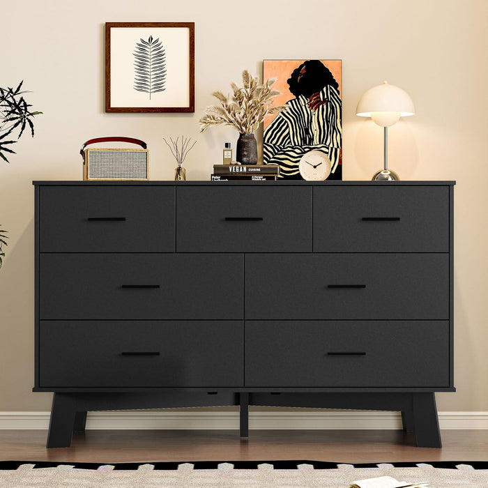 Dresser for Bedroom with 7-Drawer, 47.2" Wide Modern Chest of Drawers with Metal Handles, X-Shape Base & Adjustable Center Leg, Anti-Tip Closet Organizers and Storage