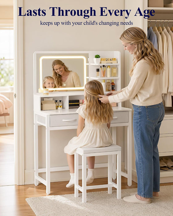 Small Makeup Vanity with Lights, Open Shelves, Fabric Drawers | Bedroom, Gifting, 3 Lighting Modes, Stable Frame, 31.5" X 15.8" X 51.2"