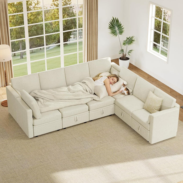 Modular Sectional Sofa, 5 Seats Chenille Sofa Set for Living Room, Convertible U Shaped Sectional Couch with Lagre Storage Ottoman, Sleeper Sofa for Office, Beige