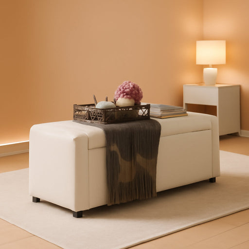 50 Inches Wide Storage Ottoman Bench, Upholstered Foot Rest Stool, Long Bench Footstool, Couch Ottoman, Ottomans for Living Room, Entryway, End of Bed Storage Bench for Bedroom (Beige)