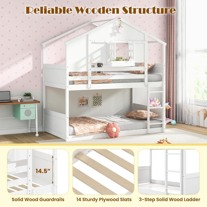 Bunk Bed Twin over Twin, Wood House Bed for Kids with Roof, Window Door, Storage Box, Safety Guardrails, Wood Slats & Ladder, Floor Bunk Bed for Junior Boys Girls, No Box Spring Needed, White